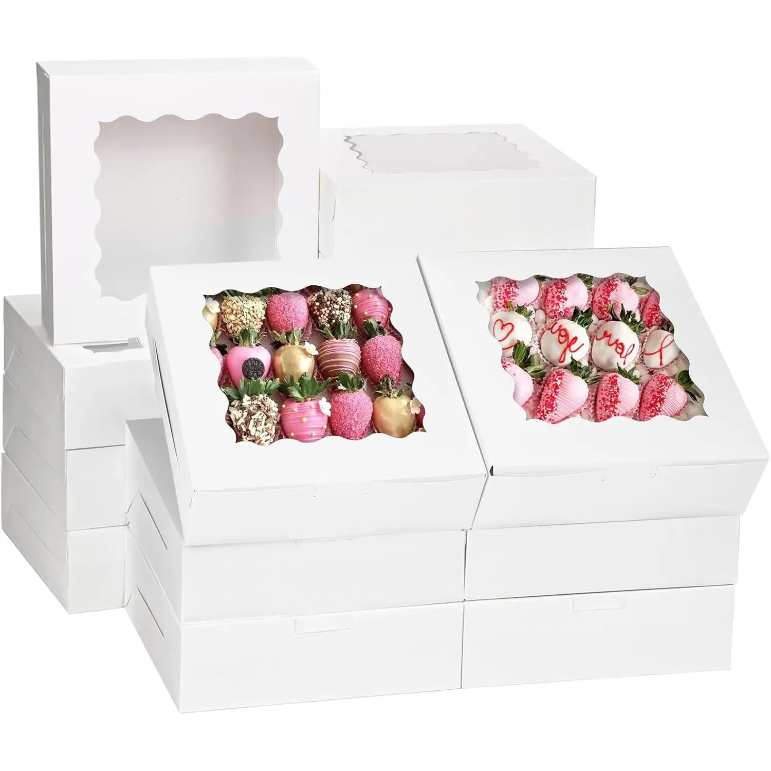 30pcs Bakery Boxes, 8x8x2.5 Cookie Boxes with Window, Valentine's Day Boxes White Treat Boxes Pie Boxes for Donuts, Chocolate Strawberries Birthday Party
