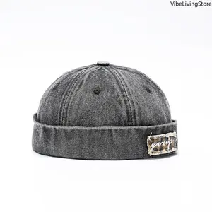 Vintage Denim Docker Hat Unisex Brimless Beanie Retro Rolled Cuff Sailor Cap Distressed Washed Miki Hat Streetwear Hip Hop Skull Cap