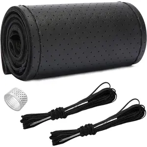 Genuine Leather Steering Wheel Cover, Stitch on Wrap, Breathable Anti-Slip Car Steering Wheel Protector for Max Diameter 15 Inch, DIY Sewing with Needle Thread (Black, Hole)