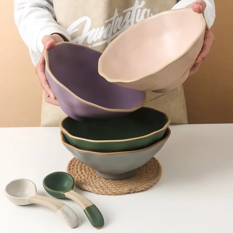 8 Inch Japanese Ceramic Ramen Bowl Set, Asian Vietnamese Rice Noodles Udon Soup Bowls, Includes Spoon and Chopsticks (5 Colors), Tableware Sets