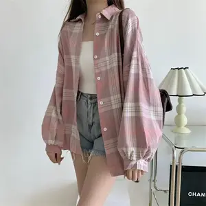 Women’s Plaid Shirt Long Sleeve Collared Buttoned Oversized Plaid Shirt Jacket Fashionable Girl Spring and Summer Set GARMENTARY