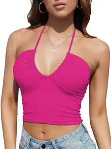Women Padded Crop Tank Top Halter Neck Ribbed Strappy Camisole V Neck Sleeveless Shirt
