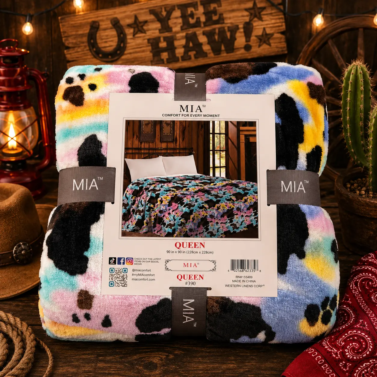 Mia rainbow pastels cow print Fleece blanket/comforter (rainbown) Queen Size