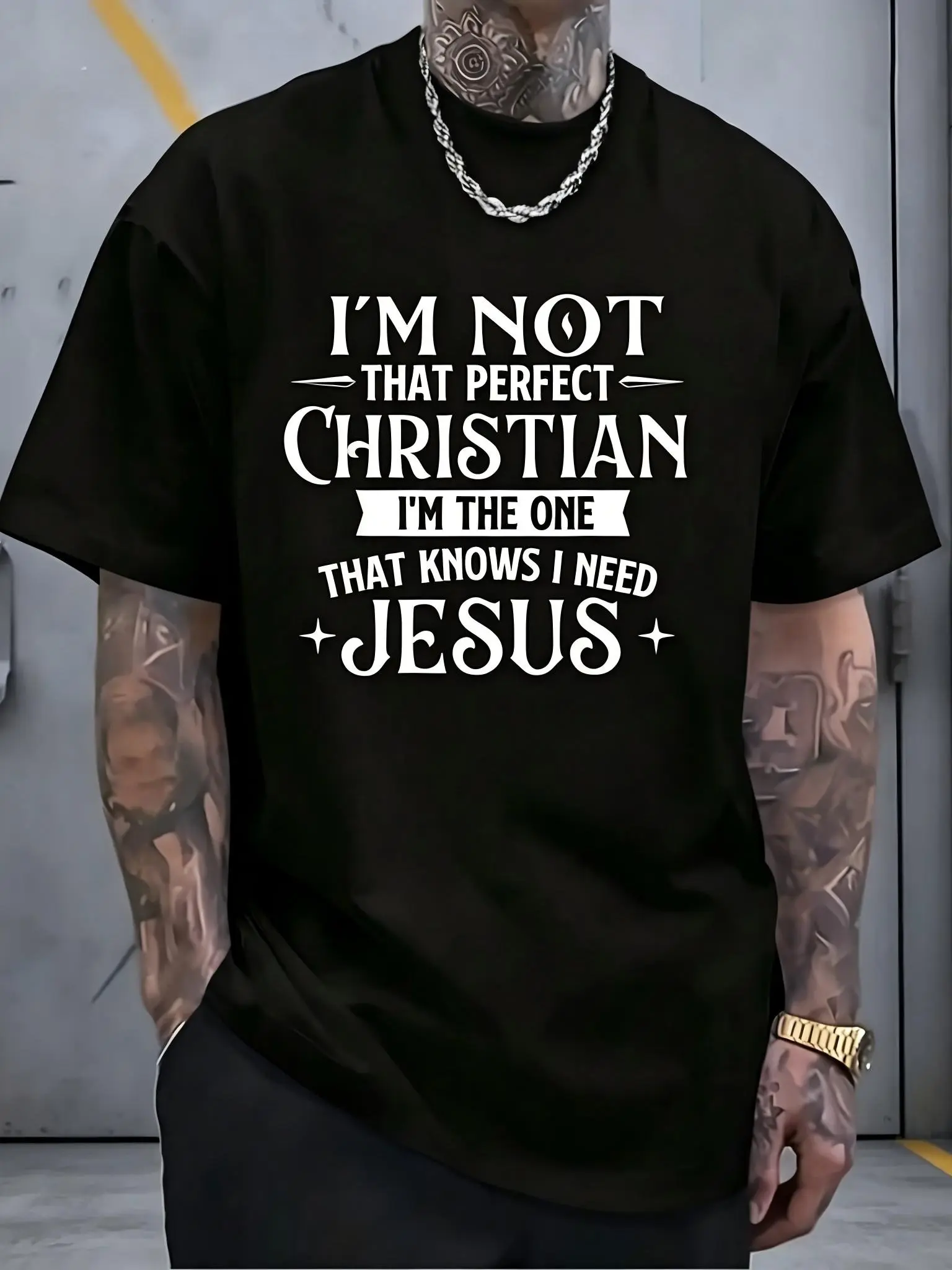 "I'm Not That Perfect Christian" Religious Bible T-Shirt for Men - Soft Breathable Sweat Wicking Cotton Crew Neck Short Sleeve, Daily Commutes Home Lounging Casual, 2026 New Year Street Style, Summer Top, Machine Washable