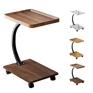 End Table with Rolling Wheels, c Shaped Side Tables for Couch, TV Tray Table, Metal Frame Couch Tables that Slide Under, for Living Room, Bedroom, Bedside