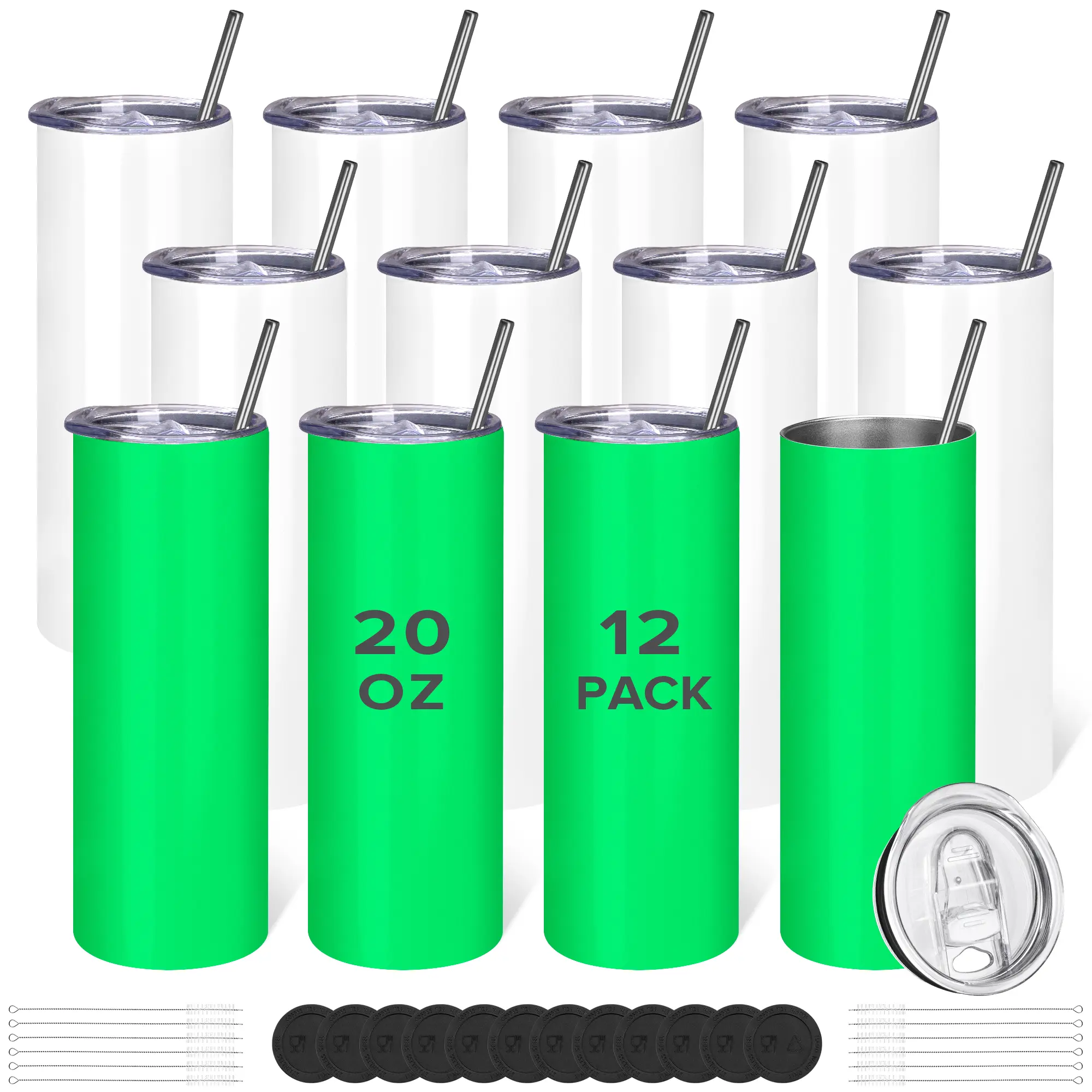 FASTSUB 20 oz Reusable Stainless Steel Insulated Skinny Glow-in-the-Dark Sublimation Water Bottle Tumbler (12 Pack) with Lid, Straw, Silicone Pad for Heat Press Machine, Leak-Proof Portable Kitchenware Drinkware