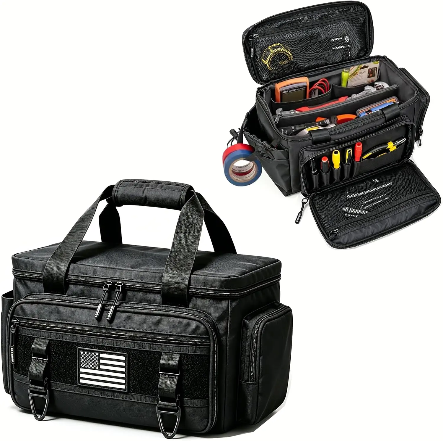 16" Tactical Tool Bag, 800D Oxford, MOLLE, Black | 800D Heavy Duty Oxford, Multi-Pocket Organizer, USA Flag Patch, Fits Electricians, HVAC & Range Day Use