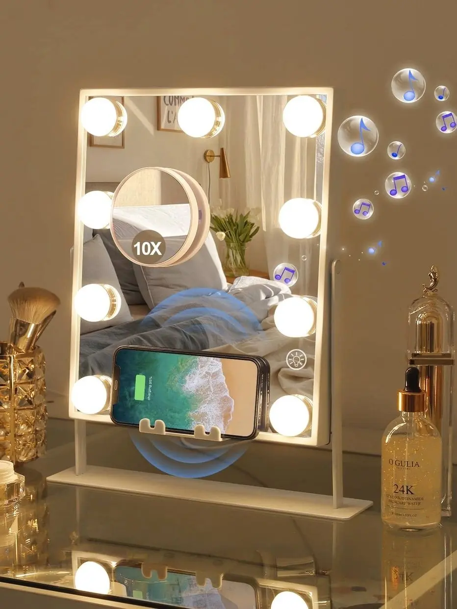 Vanity Mirror with Lights, Bluetooth Speaker & Wireless Charger | Dimmable Makeup Mirror with 10x Magnification | Smart Touch Control for Bedroom & Glam Room