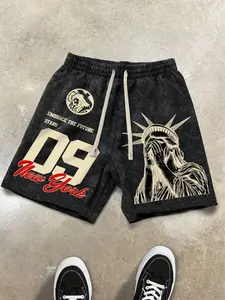 Unisex Street Style Washed Vintage American Shorts, Lady Liberty Print, Fashionable Casual Wear, Perfect for Back-To-School and Outdoor Sports