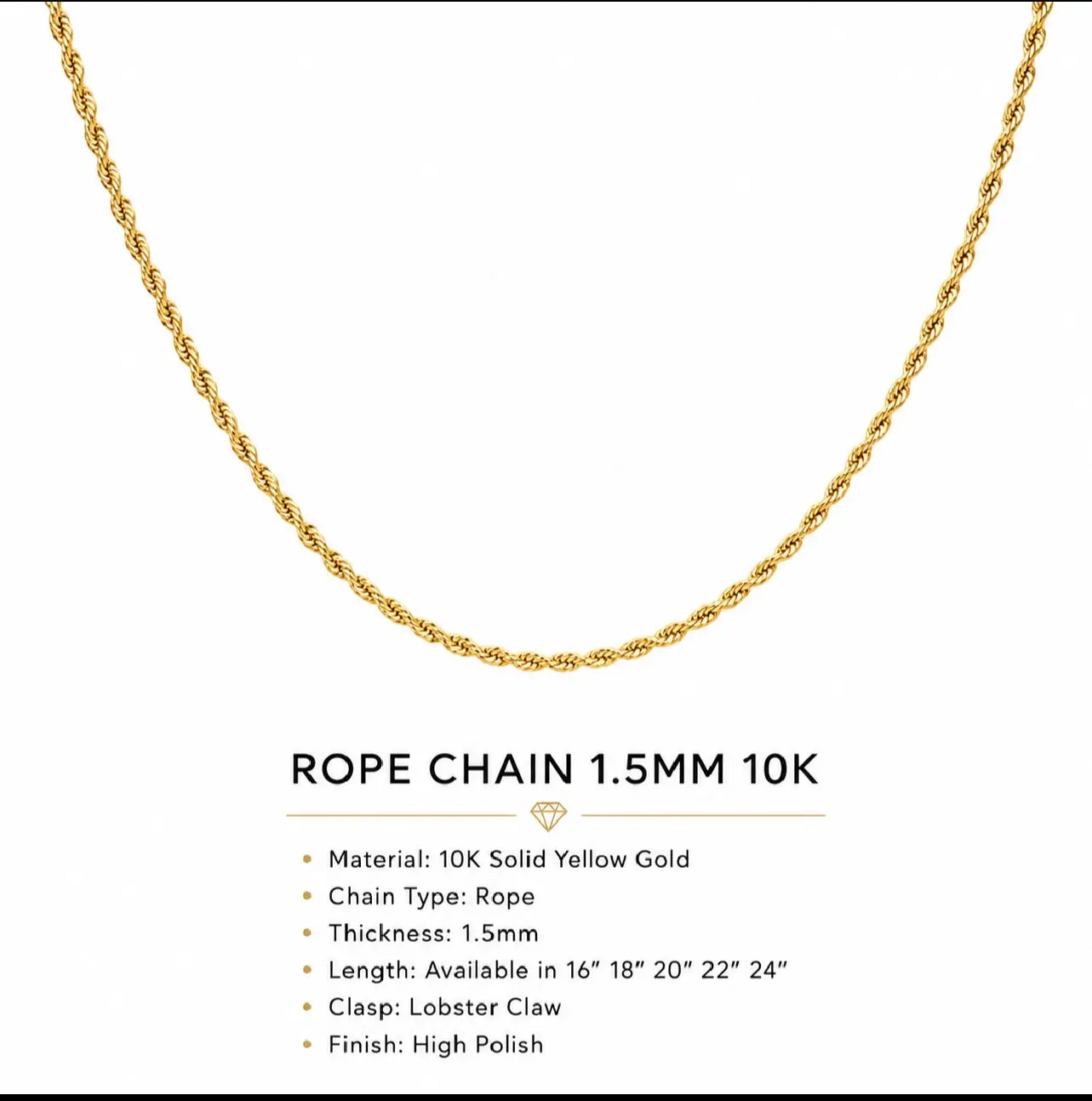 10K Yellow Gold Rope Chain Necklace 1.5mm – 16 Inch