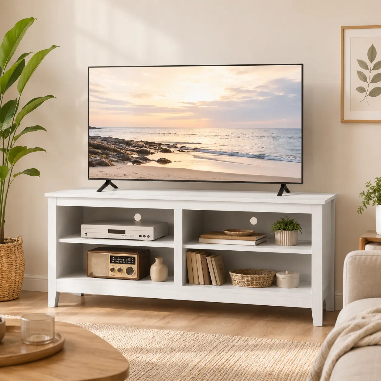 Modern TV Stand for 65 inch TV, White Wood TV Cabinet with 4 Open Storage Shelves, Fits 50-65 Inch TVs, 55 Inches W x 15 Inches D x 22.8 Inches H