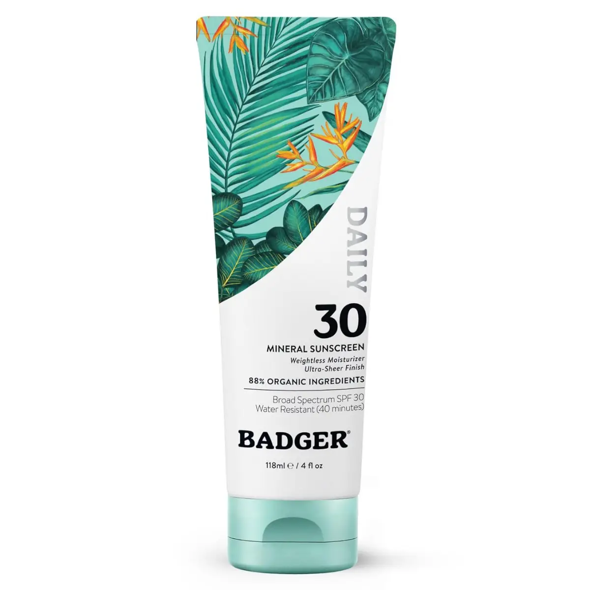 Badger Mineral Daily Sunscreen SPF 30 - Zinc Oxide, 4 fl oz, Lightweight, No White Cast, Moisturizing, Organic, Reef Safe, Vegan, Unscented, Easy-to-Apply