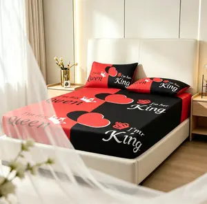 Red & Black King & Queen Printed Fitted Sheet 3-Piece Set – Romantic Heart Anti-Slip Bed Cover, Deep Pocket Full Mattress Protector, Valentine’s Day & Anniversary Couples Bedding