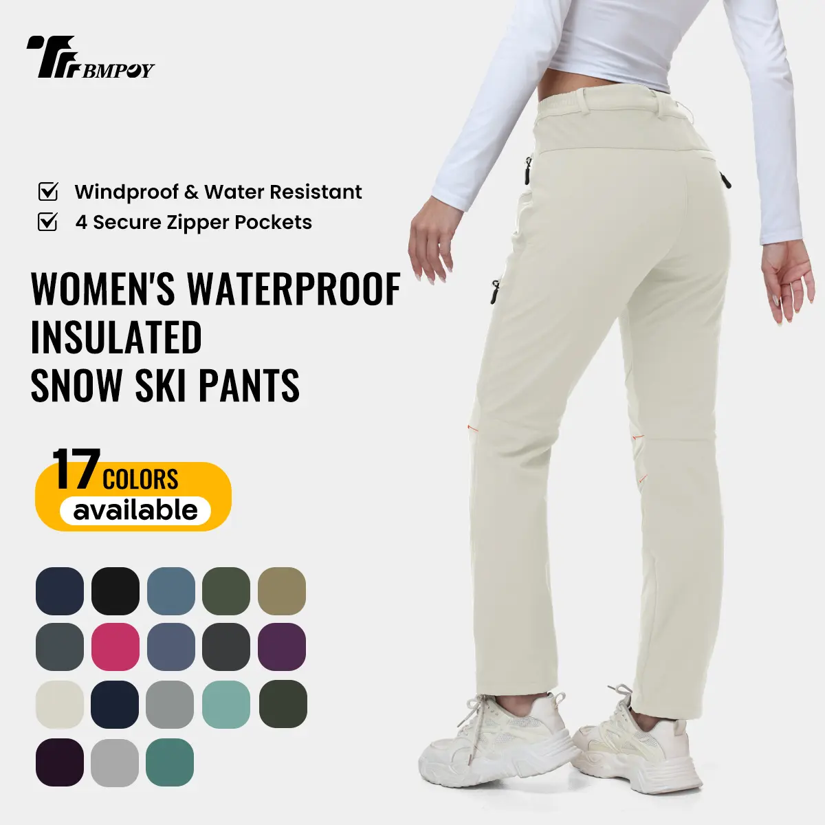 TBMPOY Women Fleece Lined Waterproof Insulated Snow Pants, Mid Rise Hook and Eye Pockets Outdoor Trousers for Skiing & Snowboarding sohochic