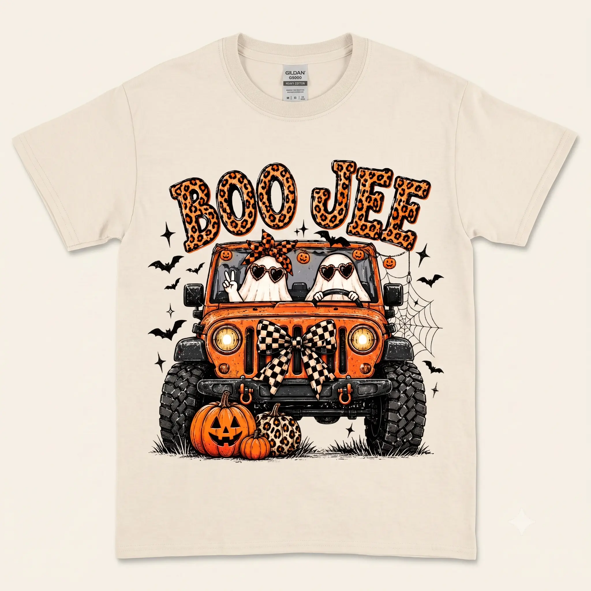 Boo-Jee Halloween Shirt, Cute Ghost Off-Road Vehicle Tee, Leopard Pumpkin Ghost Graphic Shirt, Coquette Spooky Season Gift for Man & Woman