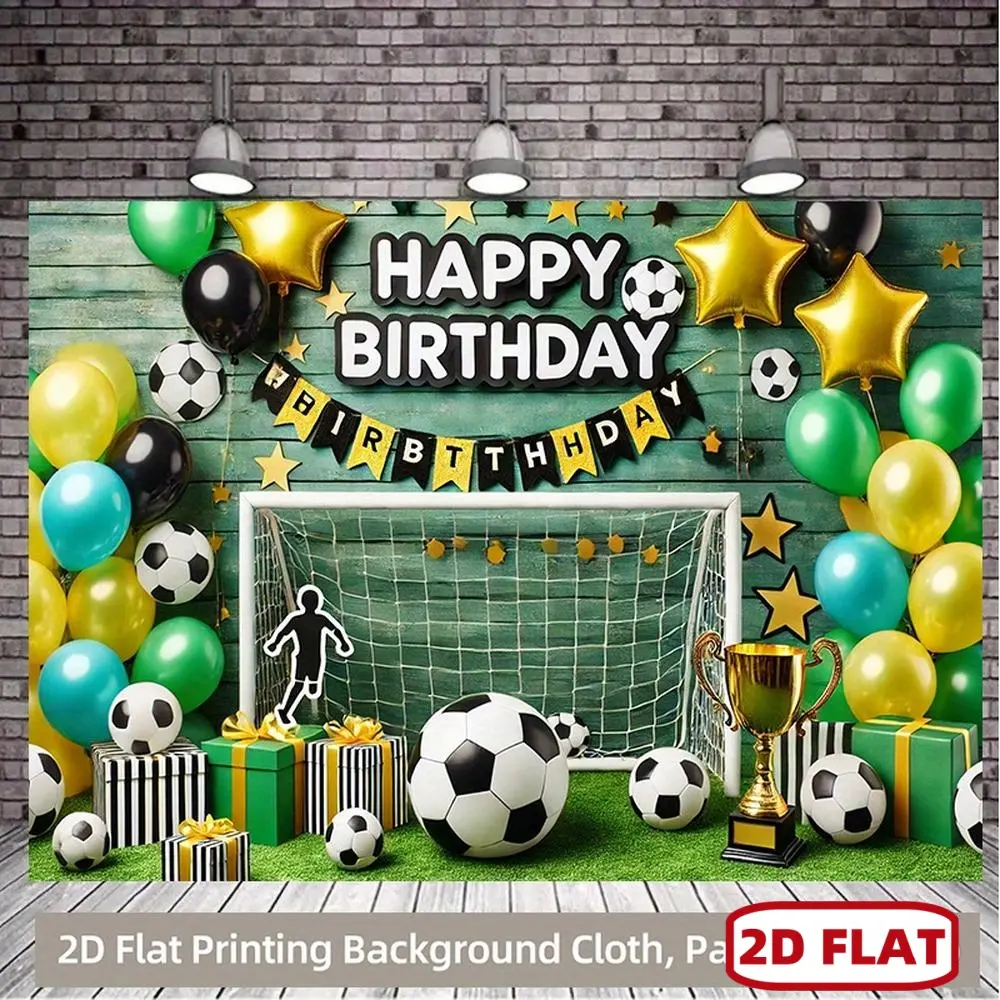 1pc 2D Flat Sports Football Birthday Party Backdrop with Soccer Ball Cutouts, Goalpost Design, Balloon Arch & Confetti Cutouts - Easy Setup Decorations for Boys - Happy Birthday Theme Supplies