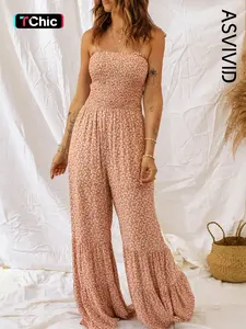 Women's Ditsy Floral Print Shirred Ruffle Hem Wide Leg Cami Jumpsuit, Elegant Fashion Jumpsuit, Boho Tie Shoulder Sleeveless for Beach Holiday Vacation, Ladies Summer Clothes