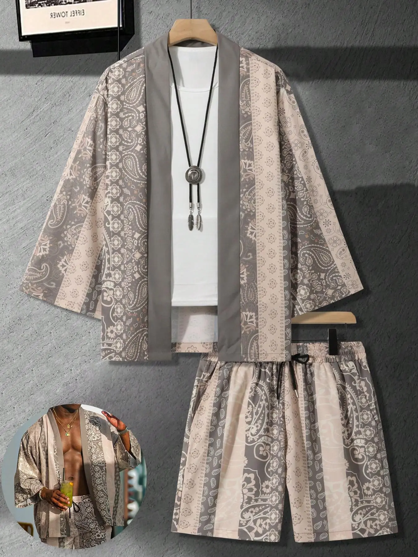 Two-Piece Set Men's Paisley Print Short Sleeve Open Front Kimono & Elastic Waist Shorts, Casual Fitted Set, Casual Breathable Comfortable Outfits for Daily Wear, Men's Clothes for Summer, Menswear, Casual Suit Set, Casual Clothing Set, Shorts Sets