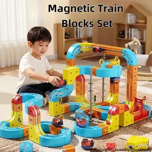 66PCS Magnetic Train Set Electric Train Track For Kids DIY Race Car Track with Train and Traffic Signs USB Rechargeable Gravity Defying Car Toy STEM Building Toys New Year Gift