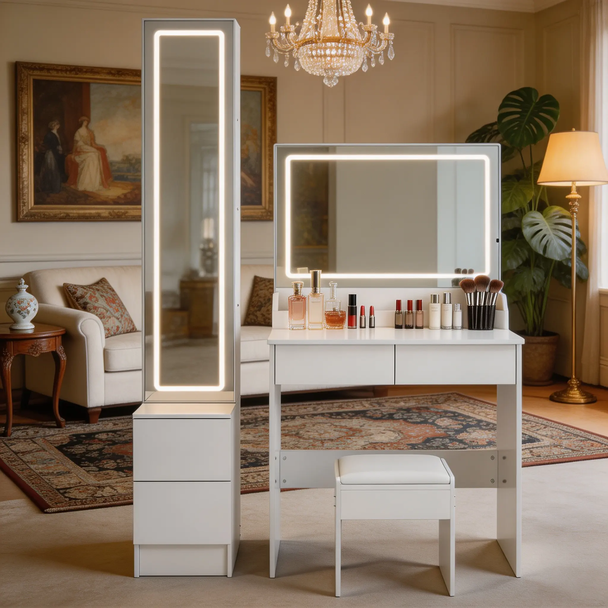 Vanity Table Set with Dual LED Mirrors & Touch Control, Makeup Dressing Table with Full Body Mirror Cabinet & Cushioned Stool, Multi-Layer High Capacity Storage