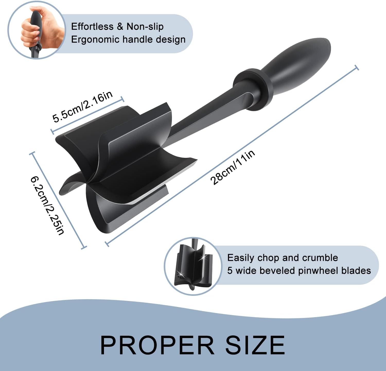 Meat Chopper with 5 Curve Blades – Heat Resistant Ground Beef Masher, Nylon Non-Stick Hamburger Chopper for Cooking Meat, Turkey & More