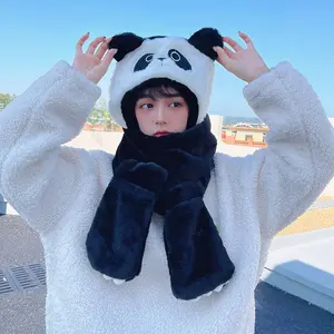 Super cute panda plush hat set of three autumn and winter outdoor warm ear protection extended scarf cartoon hat