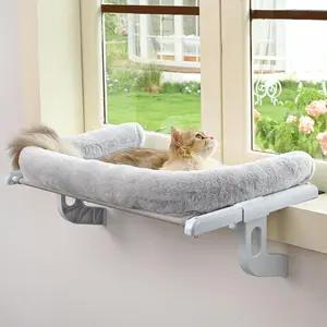 Window Sill Perch with Large Bolster, Easy to Adjust & Assemble  Window Seat for Windowsill & Bedside, Pet Hammock Bed for Large Cats and Kittens (Grey, L)