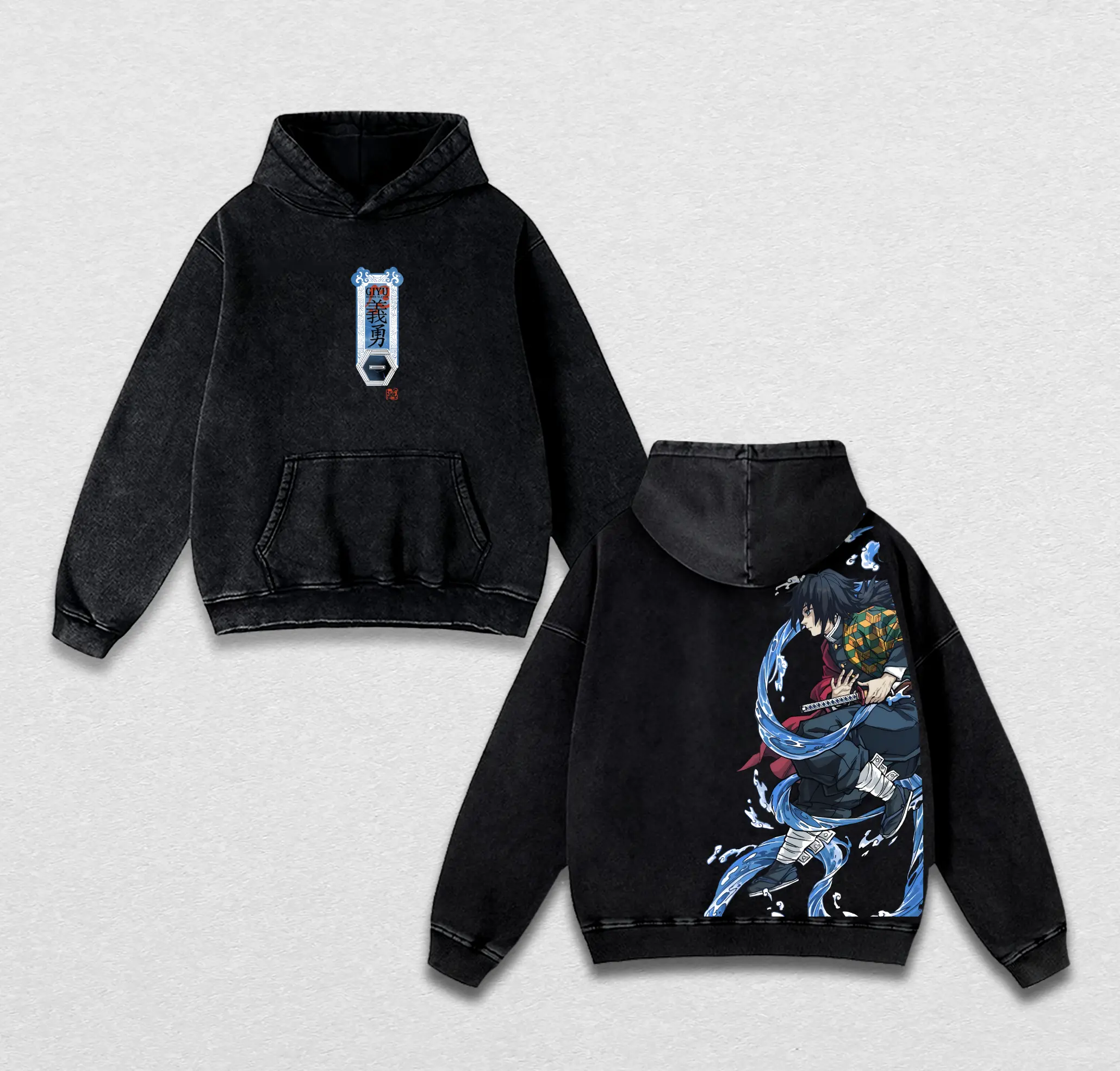 Giyuu Tomioka Washed Hoodie, Demon Slayer Water Hashira Anime Manga Streetwear, Unisex Vintage Graphic 90s Kimetsu no Yaiba Y2K Pullover, Gift For Anime Fan