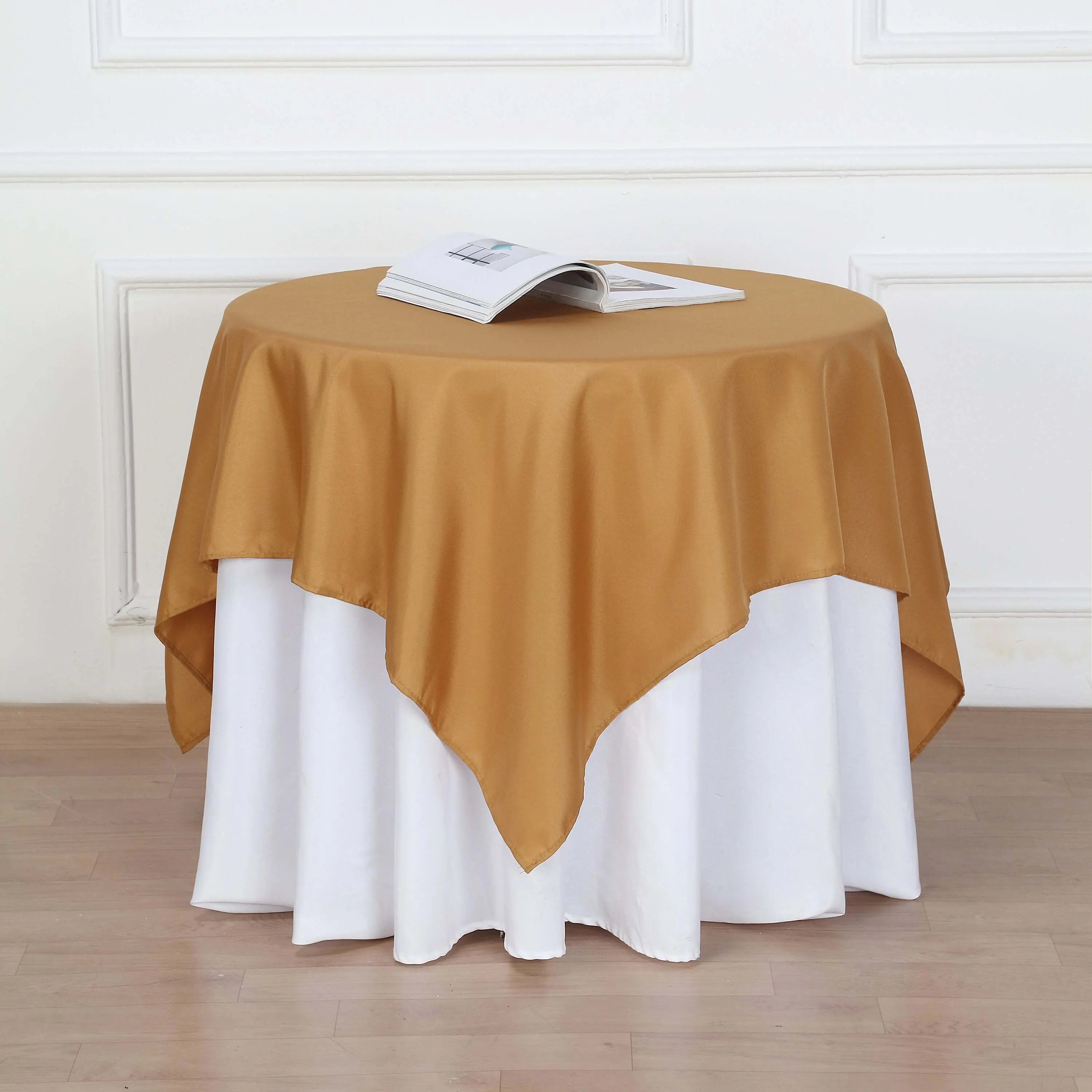 54"x54" Classy Gold Polyester Square Table Overlay - Wrinkle-Resistant Household Textile Table Topper for Party Decor, Festive Home Decoration, Fiesta Decorations Display
