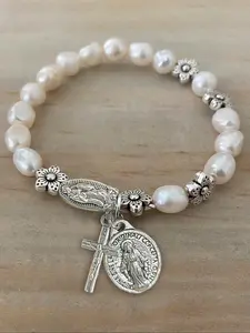 Vintage Cross Saint Mary Pendant Faux Pearl Floral Elastic Beaded Bracelet, Unisex Casual Party Creative Jewelry for Men and Women Faith Wear Jewelry
