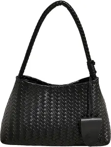 Woven Hobo Bag for Women Faux Leather Shoulder Bag Trendy Underarm Purse Slouchy Woven Handbag Tote for Work Travel