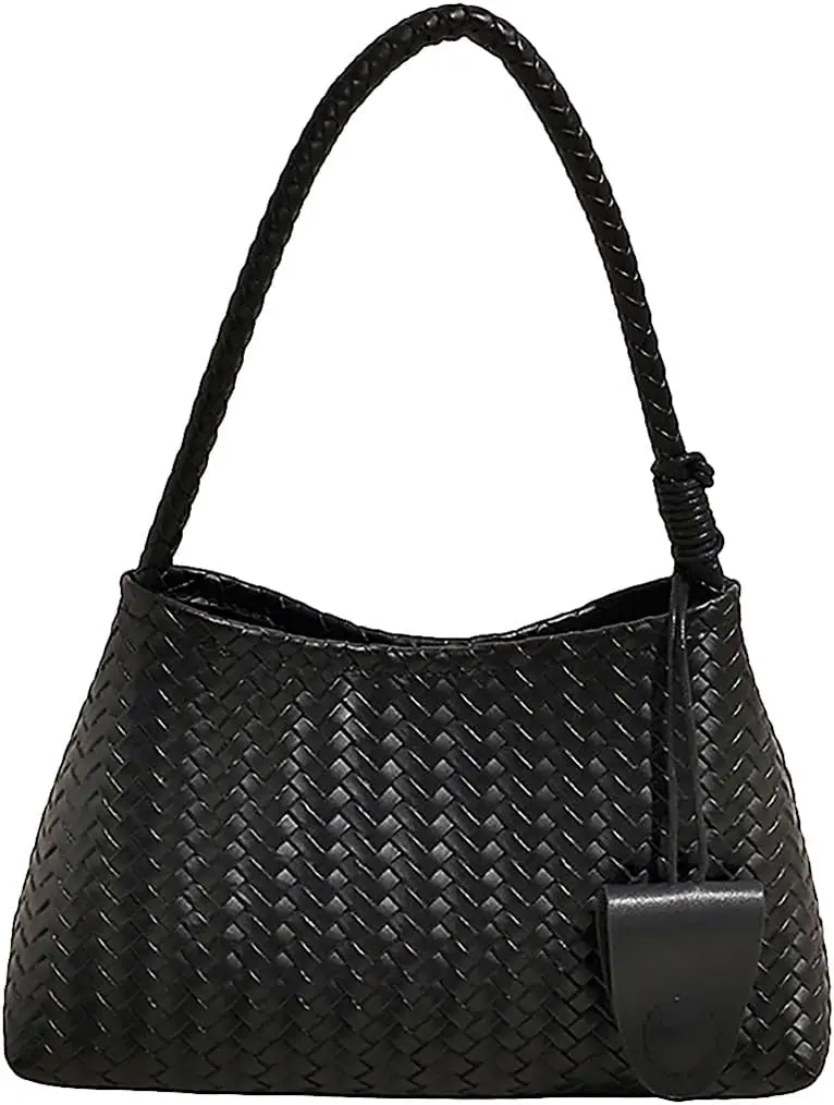 Woven Hobo Bag for Women Faux Leather Shoulder Bag Trendy Underarm Purse Slouchy Woven Handbag Tote for Work Travel