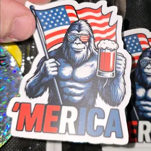 Sasquatch 'MERICA Sticker with American Flag and Beer Mug Design for Patriotic Decoration
