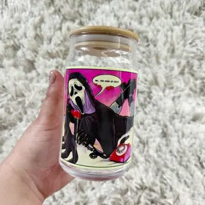 Ghostface Scream 16oz Glass Cup with Bamboo Lid and Straw - Perfect for Your Drinks - Drinkware