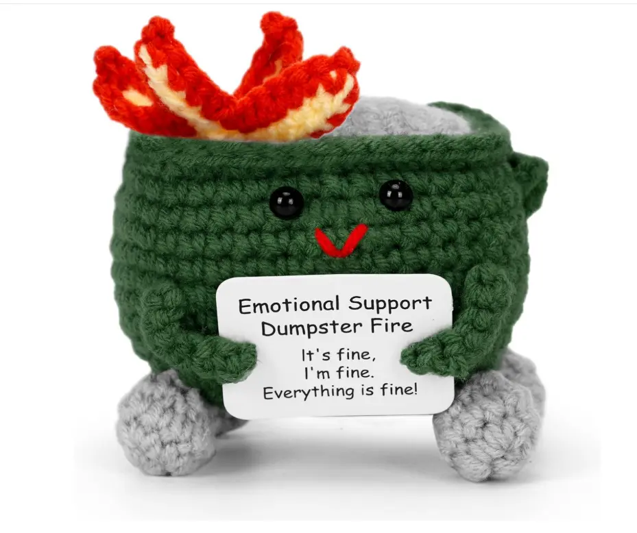 Emotional Support Dumpster Fire Crochet, Cute Handmade Desk Accessories with Positive Card, Back to School Teacher Graduation Birthday Coworker Gifts for Women Men