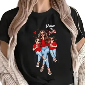 Cotton Short Sleeve  T-Shirt Mom Of Girls Cartoon Printed T-Shirt, Y2K Style, Short Sleeve, Crew Neck, Polyester, Mother'S Day Gift