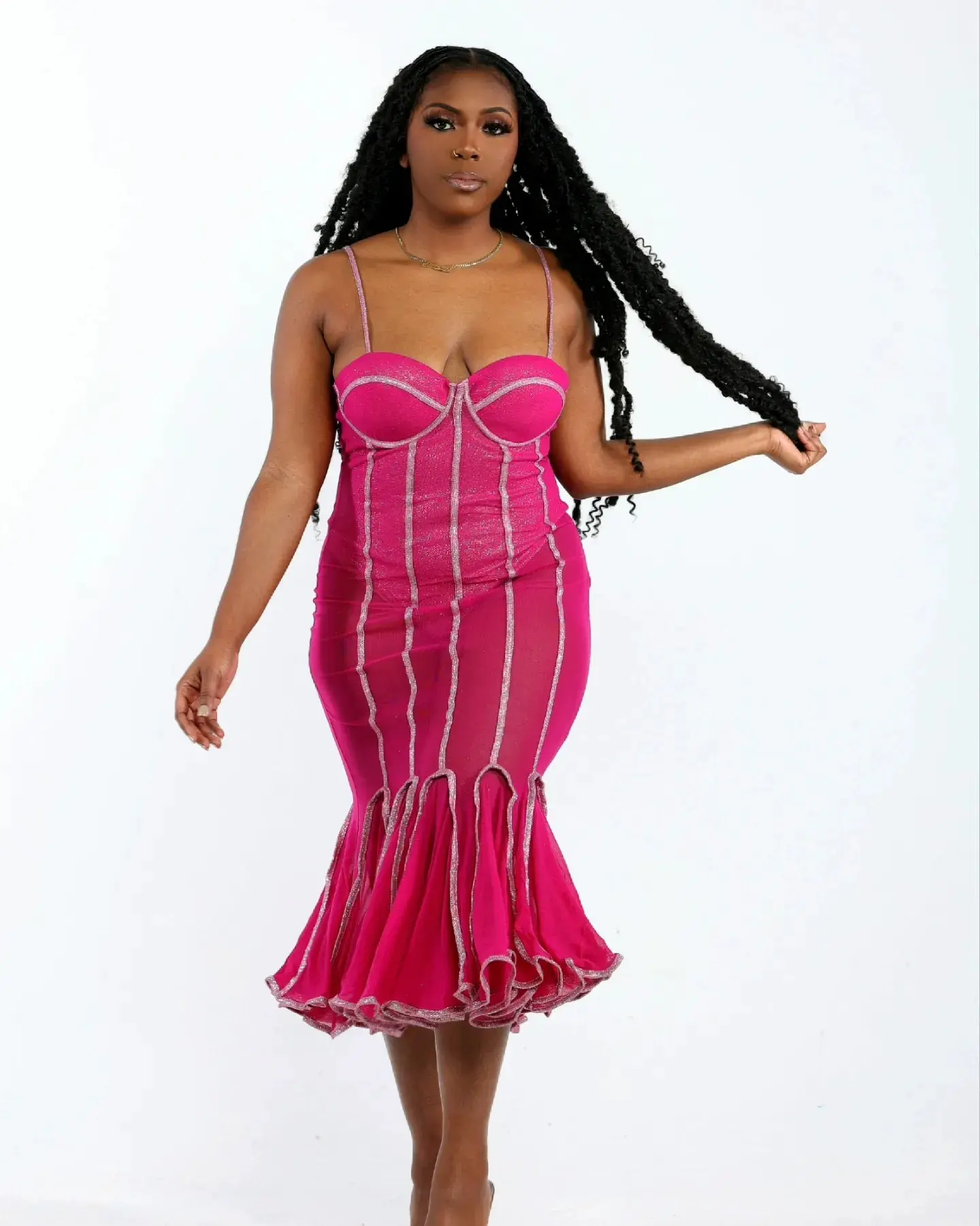 STARLIGHT PINK Sexy Mest Ruffle Dress with Silver Glitter Trim in Polyester Mesh for Evening Parties Concert Nightclubs Birthdays Holidays