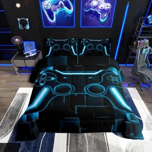 Feelyou Microfiber Bedding Set - Polyester Fiber U-Stitching Comforter with Purple Blue Gamepad Design for Boys, Multi-Size, Soft Blanket, Travel-Ready Room Decor