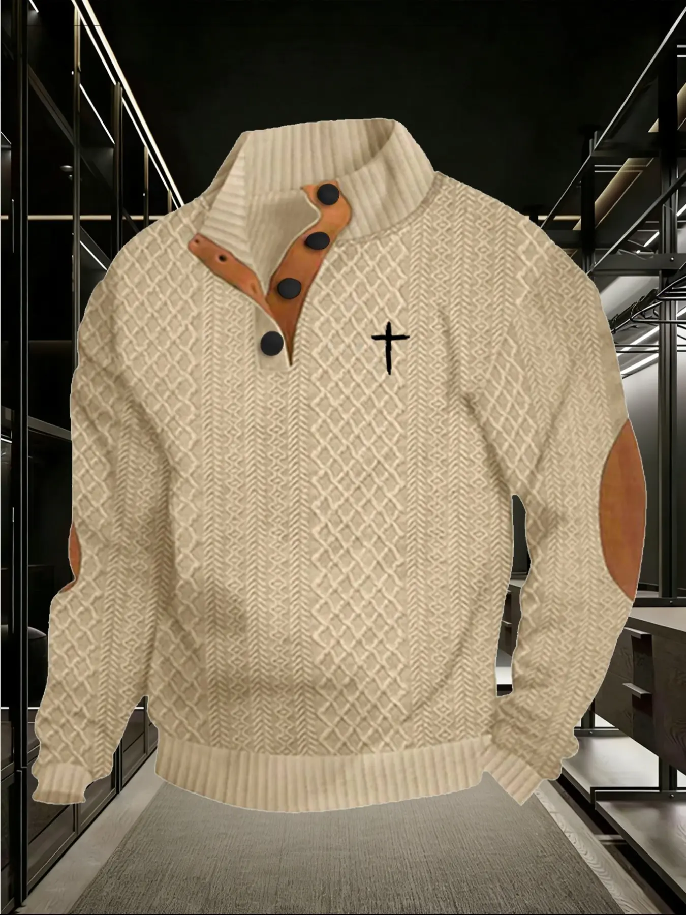 Men's Fall Winter Cross Pattern Knit Sweater, Casual High Neck Polo Style, Long Sleeve Fitted Design, Perfect for Outdoor Leisure & Gifts