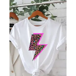 Women's Cheetah and Neon Lightning Pattern T-Shirt Women's Short-Sleeved Round Neck Casual Top Cheetah Print Clothing