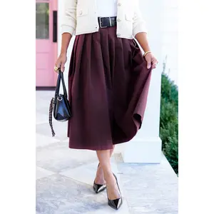 Solid Pleated Midi Skirt With Belt
