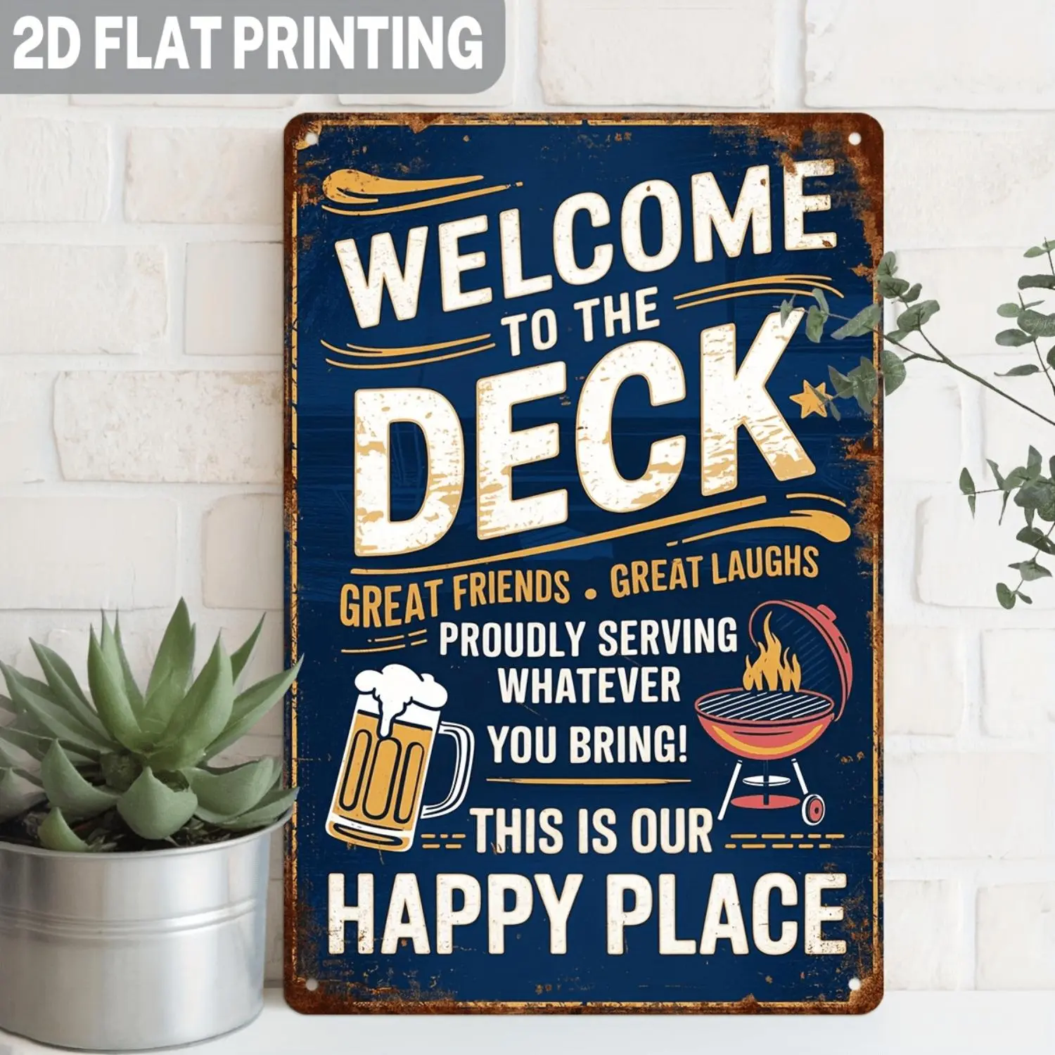 2D Flat, 1pc, Rustic Welcome to The Deck Metal Sign, Perfect for Friends And Good Times, Decorative Metal Sign, Barbecue Theme, Wall Decor for Indoor/Outdoor, Kitchen, Living Room, Patio, Housewarming Gifts, Decorative Sign, 8X12 Inch