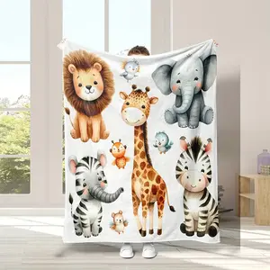 1Pc Cozy Flannel Blanket With Adorable Cartoon Animals – Lion, Giraffe, Elephant, Zebra & More – Super Soft, Warm, And Perfect For Sofa, Bed, Travel, Or Gift