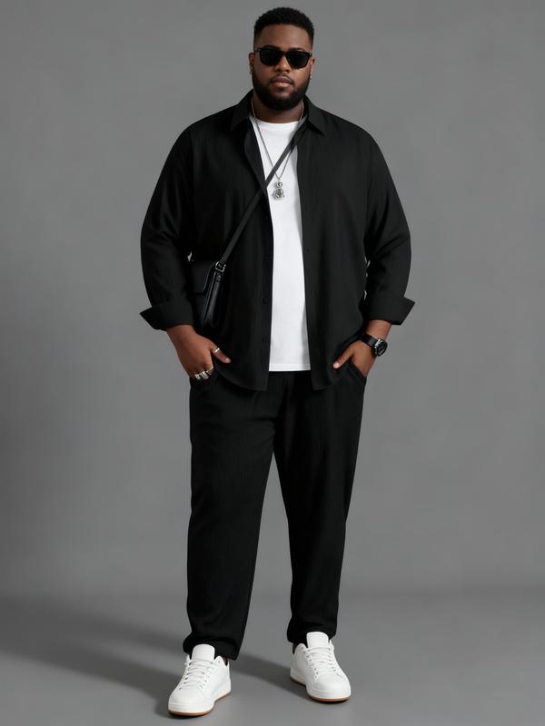 Plus Size Men's Casual Sport Suit Outdoor Leisure Button Closure Jacket & Pants Set for Spring Summer Adult Males Black Trouser Menswear Gamis - Clothes Formal Long Sleeve