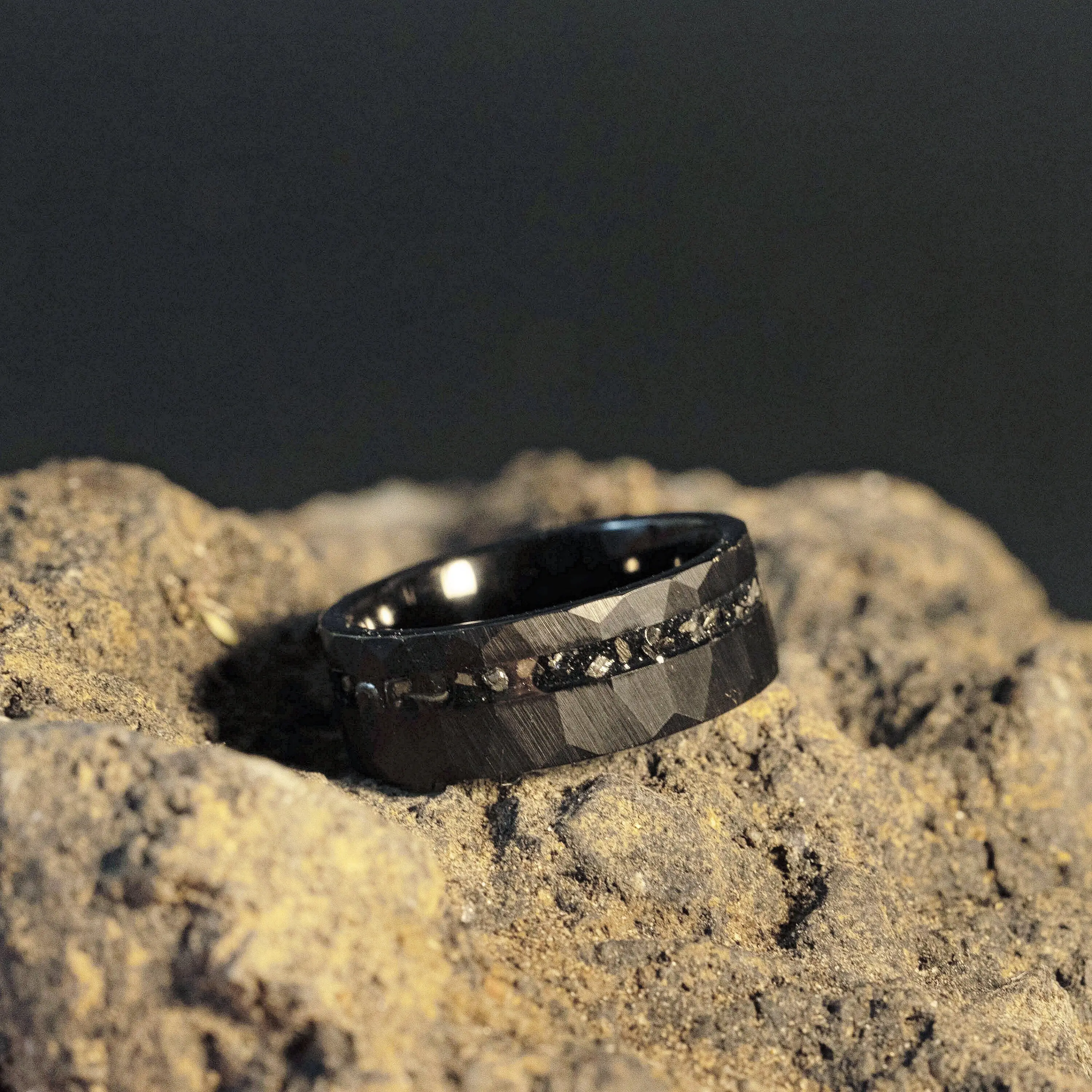 Meteor Fall - Hammered Black Meteorite Tungsten Ring, 8mm