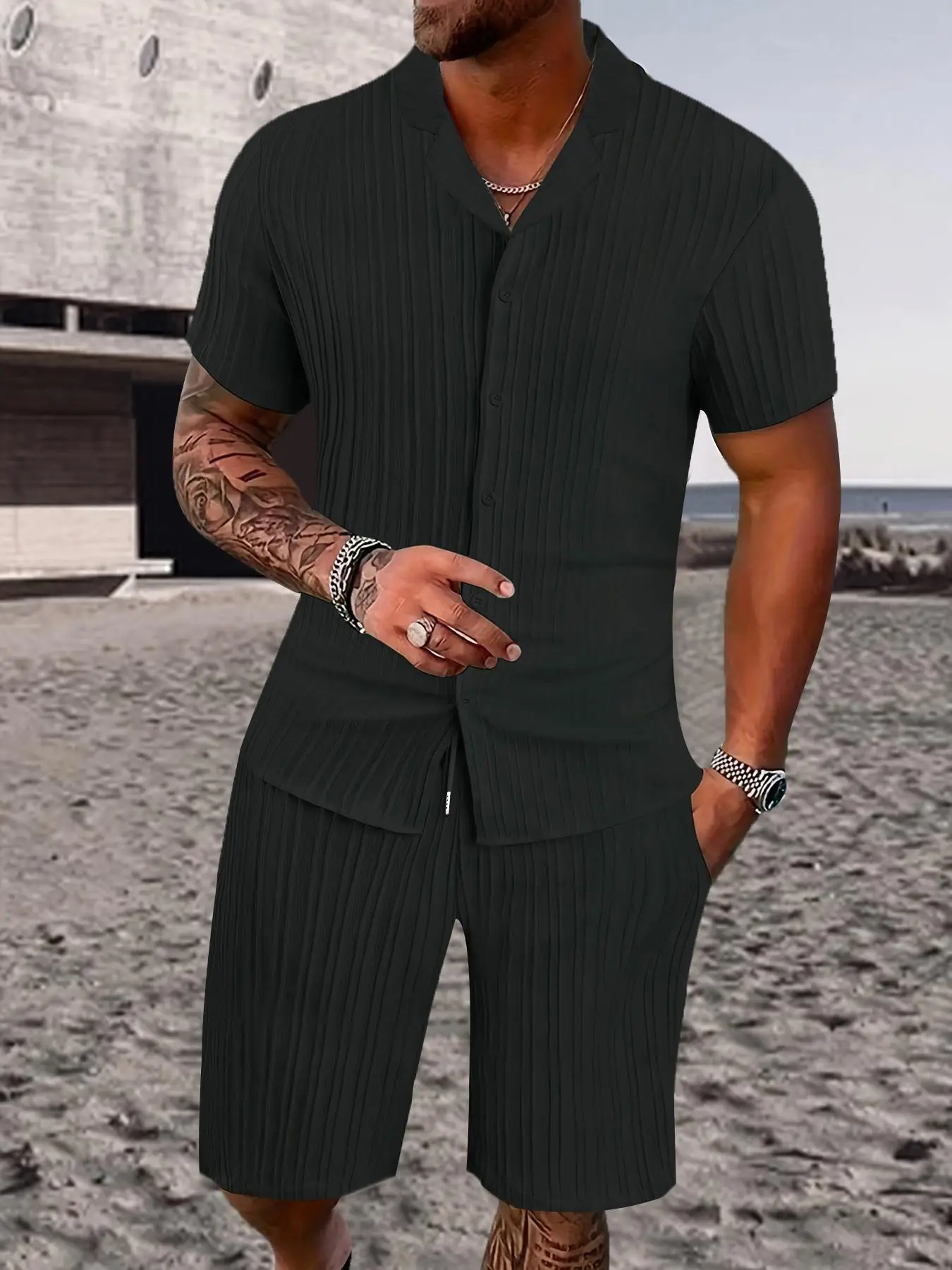 Men's Solid Textured Shortsleeve Shirt & Drawstring Waist Shorts Set, Regular Fit Casual Short Sleeve Top & Pocket Shorts, Men Summer Outfits, Sets fo