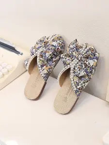 Kids Cute Pearl Bow Knot Slide Sandals, Toddler Girls Floral Print Open Toe Summer Slide Slippers, Soft Non-Slip Home Bedroom Shoes, Lightweight Casual Beach Pool Slides for Little Girls