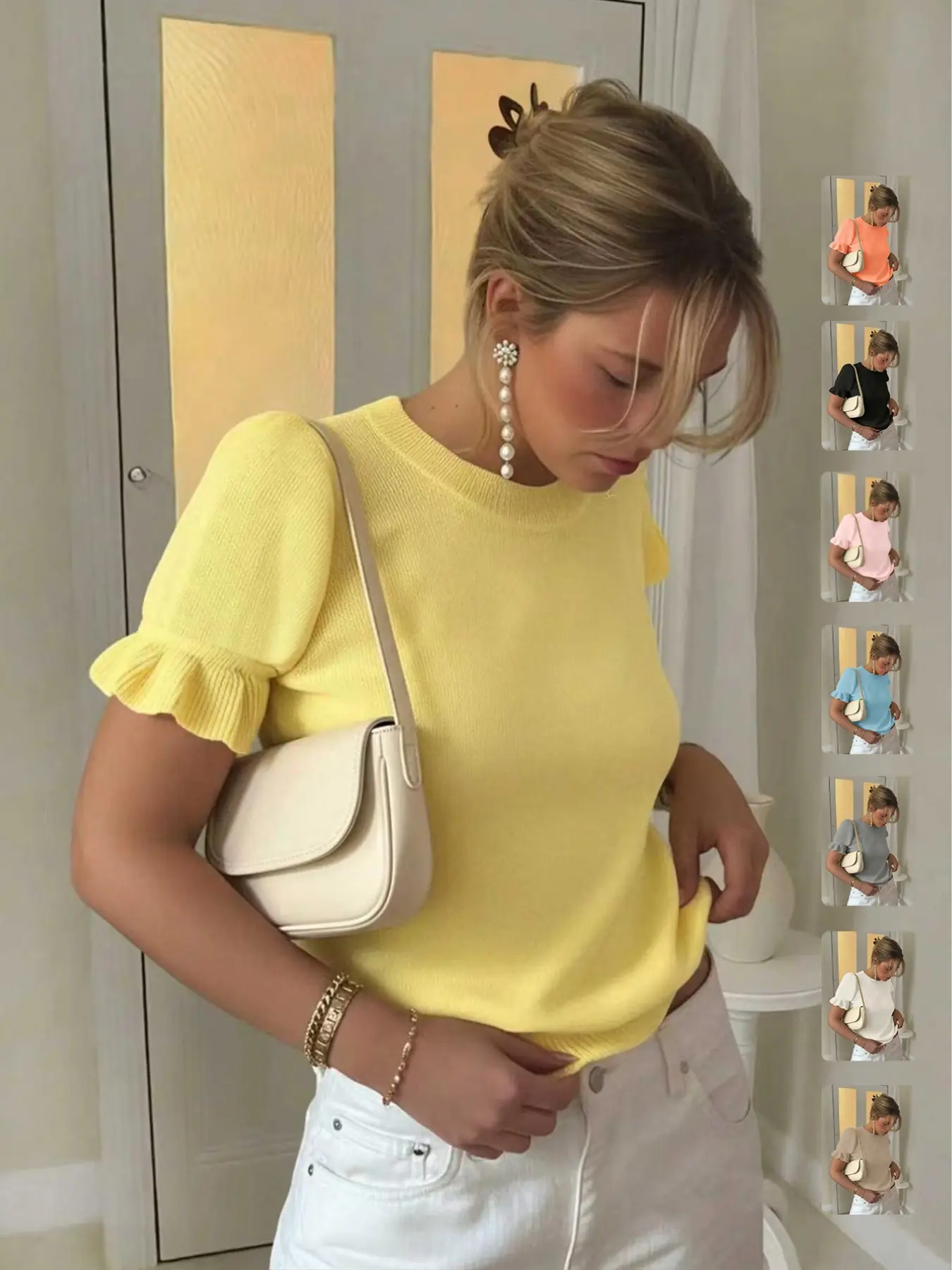 Women's Spring and Fall Fashion Minimalist T-Shirt, Solid Color, Round Neck, Pleated Short Sleeve, Casual Basic Loose Wool Knit Top, Womenswear