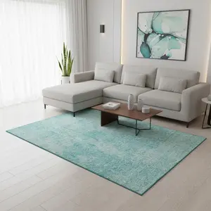 HomeRoots 654813 9 x 12 ft. Teal & Ivory Abstract Transitional Washable Machine Made Rectangle Area Rug with UV Protection