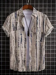 Men's lightweight polyester fiber casual printed short-sleeved Collared shirt - spring, summer and autumn outdoor activities regular design, opaque fabric